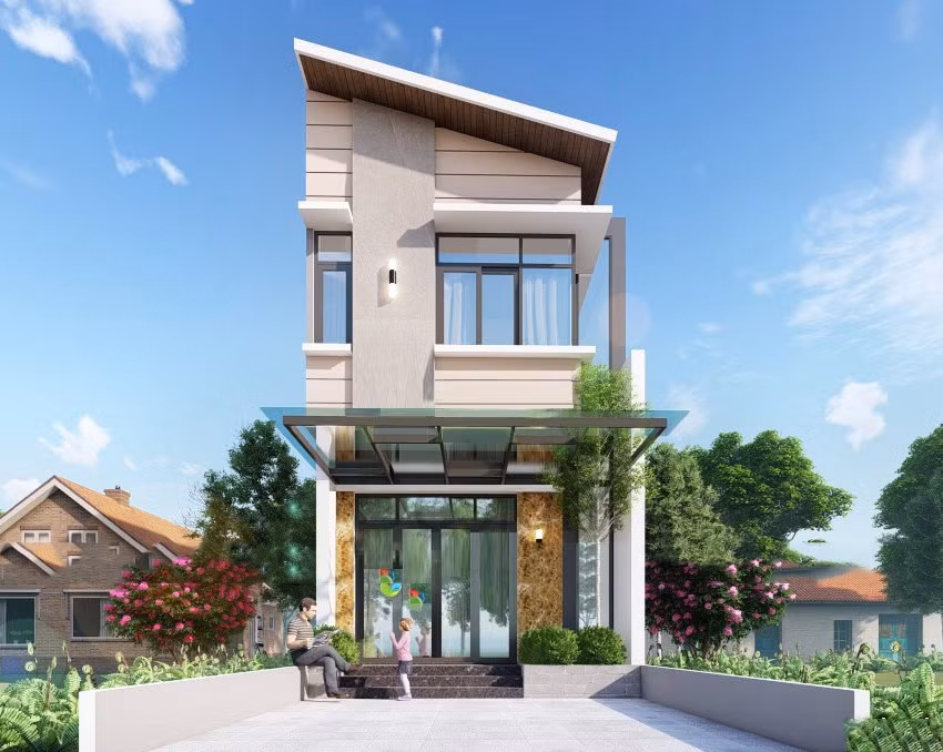 Mẫu nhà ống 2 tầng 5x10m bắt mắt sử dụng gam màu be nhẹ nhàng hòa quyện ăn ý cùng màu nâu nhẹ sang trọng. Ảnh: Wedo