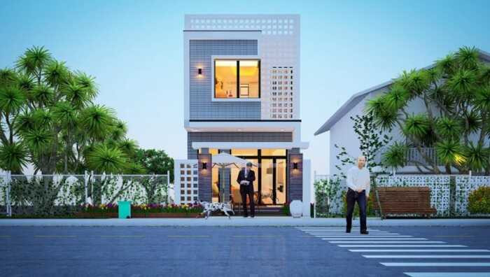 Mặt tiền ngôi nhà là sự hòa quyện ăn ý giữa màu trắng tinh khôi cùng màu xám sang trọng. Ảnh: Xaydungcuonggiahieu