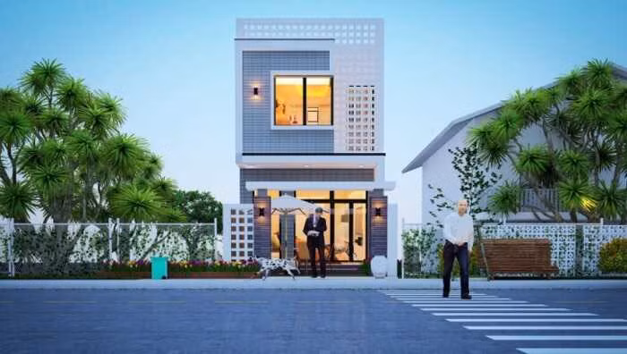 Mặt tiền ngôi nhà là sự hòa quyện ăn ý giữa màu trắng tinh khôi cùng màu xám sang trọng. Ảnh: Xaydungcuonggiahieu