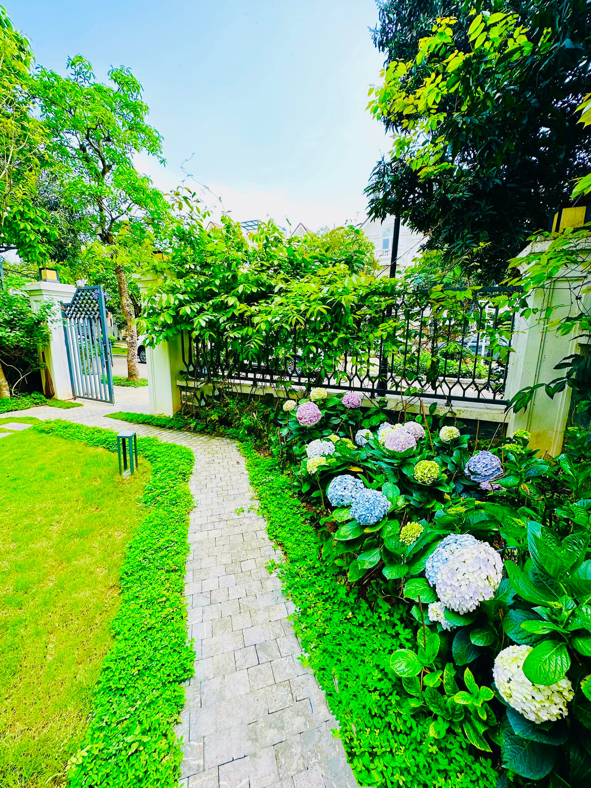 Lối vào nhà ngập tràn sắc hoa.