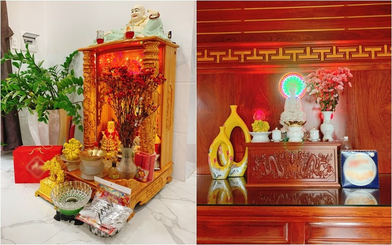 Ban thờ gọn gàng, được trang trí với hoa cúc, hoa thanh liễu tươi tắn. Ảnh: FBNV