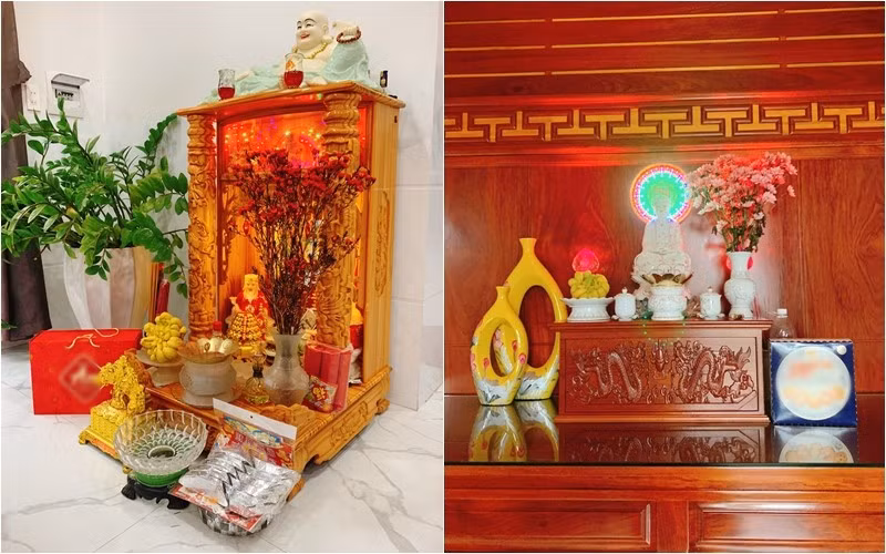 Ban thờ gọn gàng, được trang trí với hoa cúc, hoa thanh liễu tươi tắn. Ảnh: FBNV