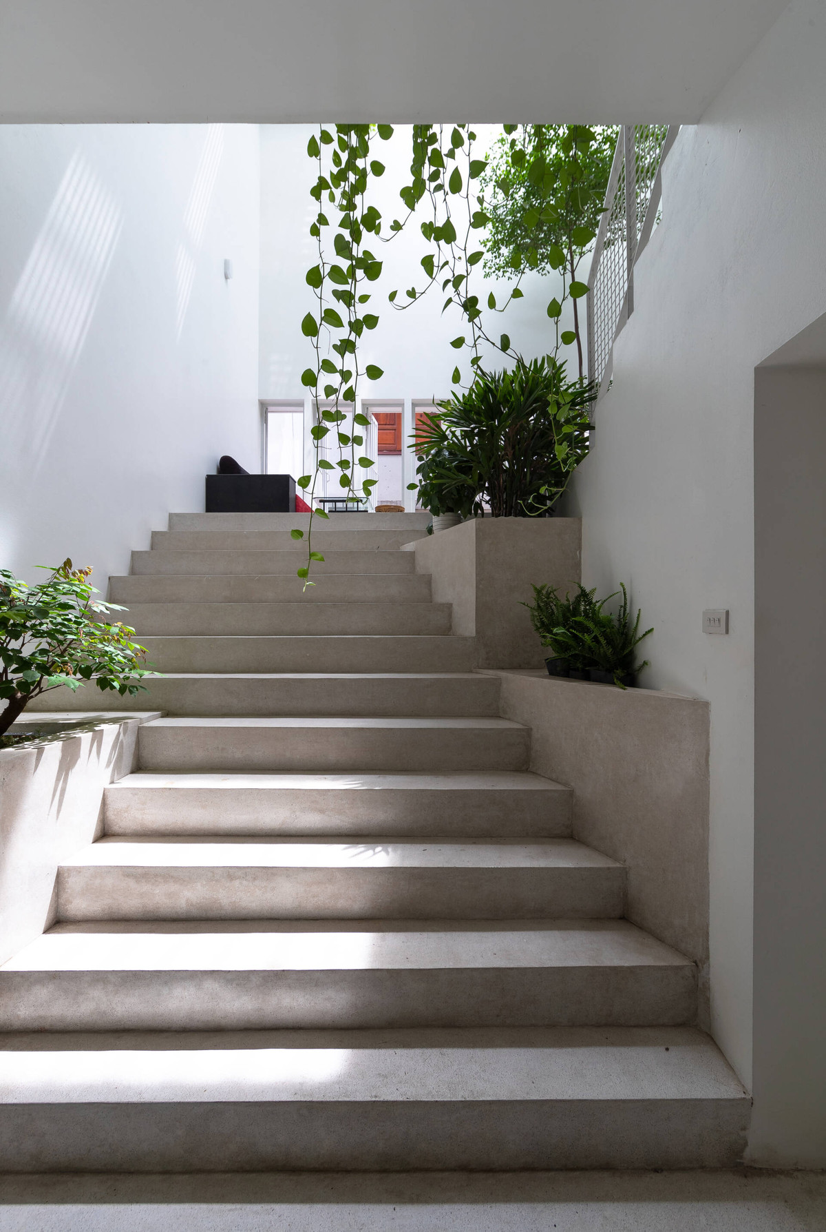 Cầu thang bê tông dẫn tới các không gian khác của căn nhà. Nguồn ảnh: Trieu Chien