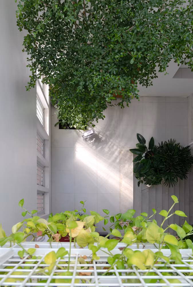 Không gian sinh hoạt chung được bố trí ở trung tâm của nhà phố theo chiều dọc và được bao quanh bởi các phòng riêng tư hơn với thứ tự ưu tiên theo khoảng cách di chuyển.