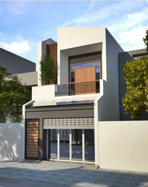 Mẫu nhà 2 tầng hiện đại với cửa nhà và cửa ban công được làm bằng kính cường lực. Ảnh: Xaydungso