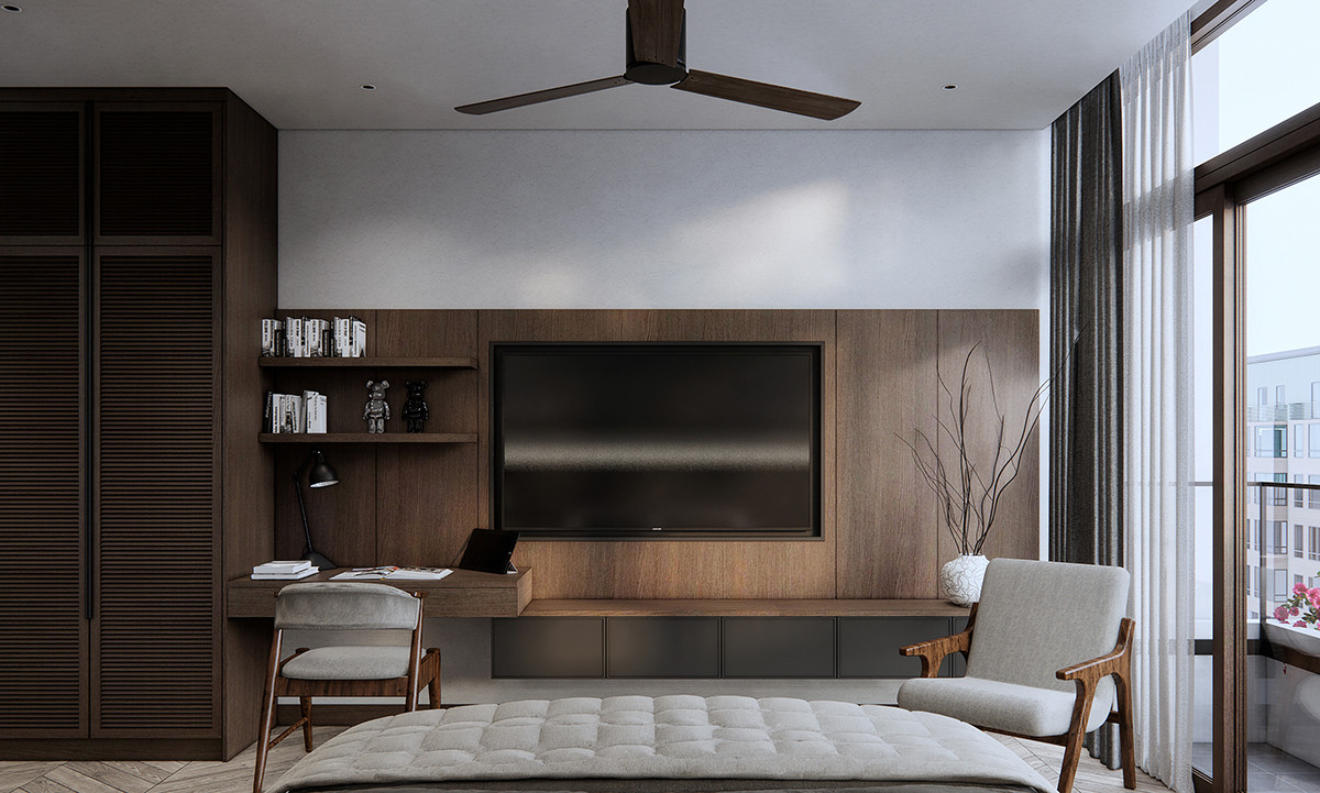 Phòng ngủ của Quế Vân có ban công nhìn ra phố, hệ tủ tivi kết hợp bàn làm việc...Nguồn ảnh: FBNV