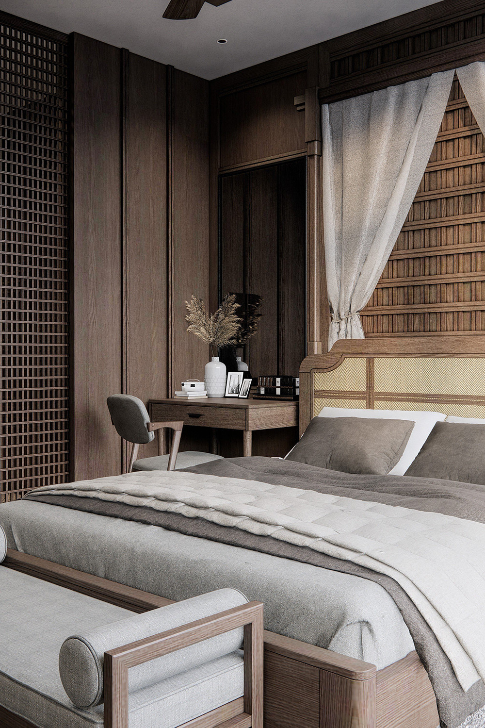 Căn nhà được bài trí với màu nâu gỗ, trắng và xám chủ đạo, tạo cảm giác trầm ấm.