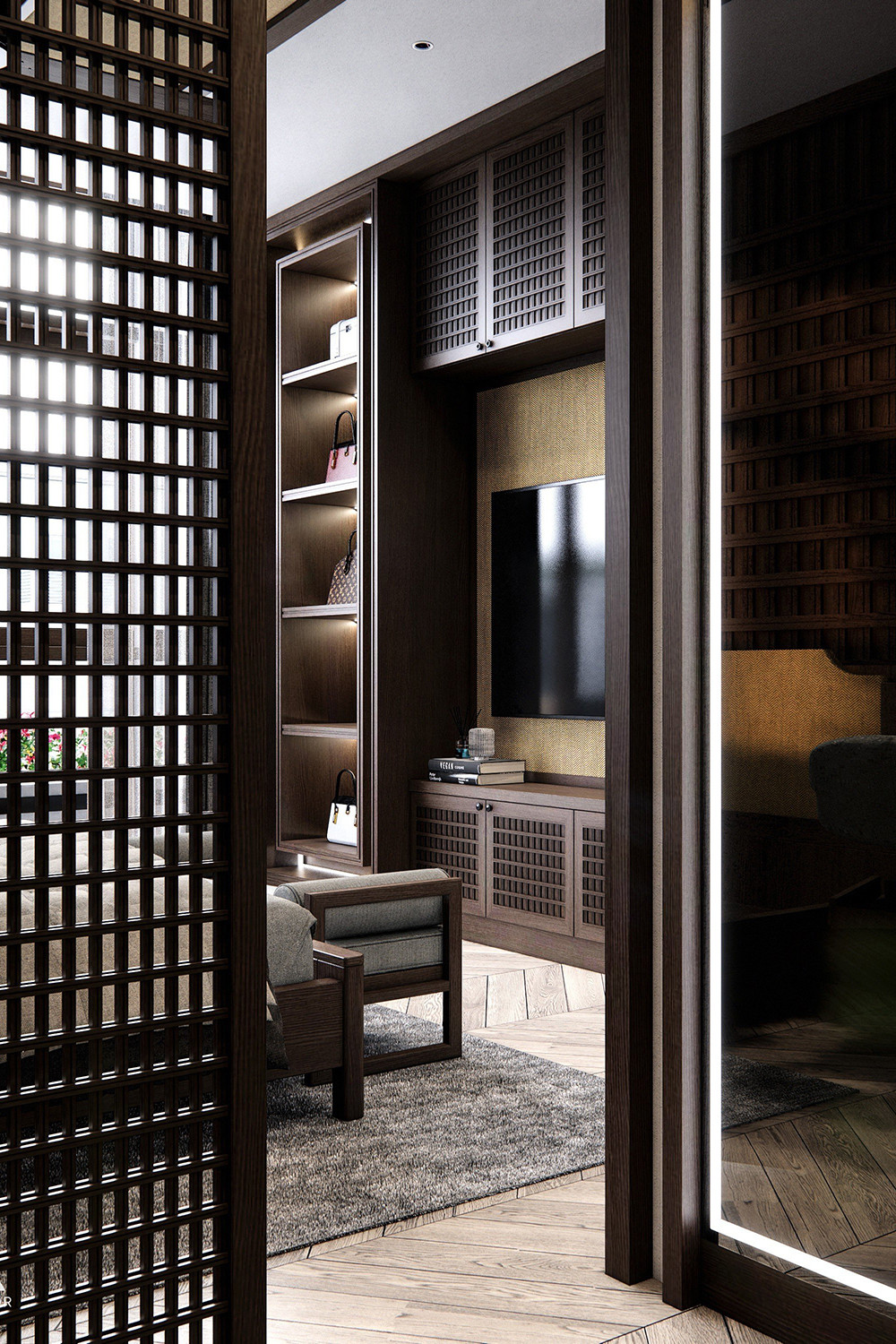 Vách ngăn, bình phong, ốp tường bằng gỗ tạo điểm nhấn cho không gian trong căn nhà.