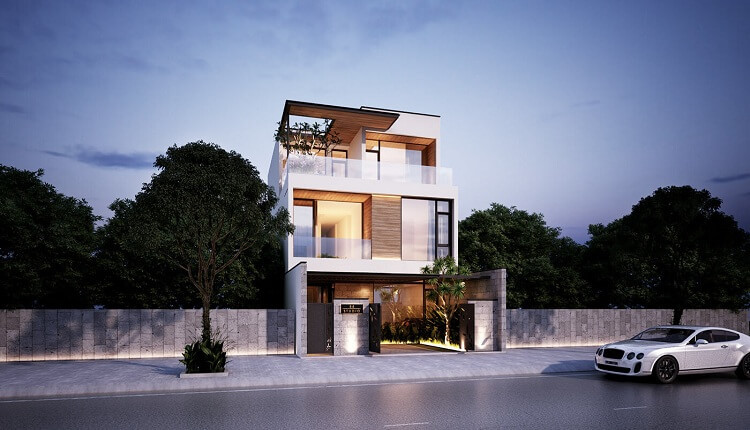 Mẫu nhà 3 tầng sử dụng hình khối đơn giản nhưng mạnh mẽ với các đường nét khéo léo kết hợp với các vật liệu công nghiệp có độ bền cao. Ảnh: Hoanggiavu