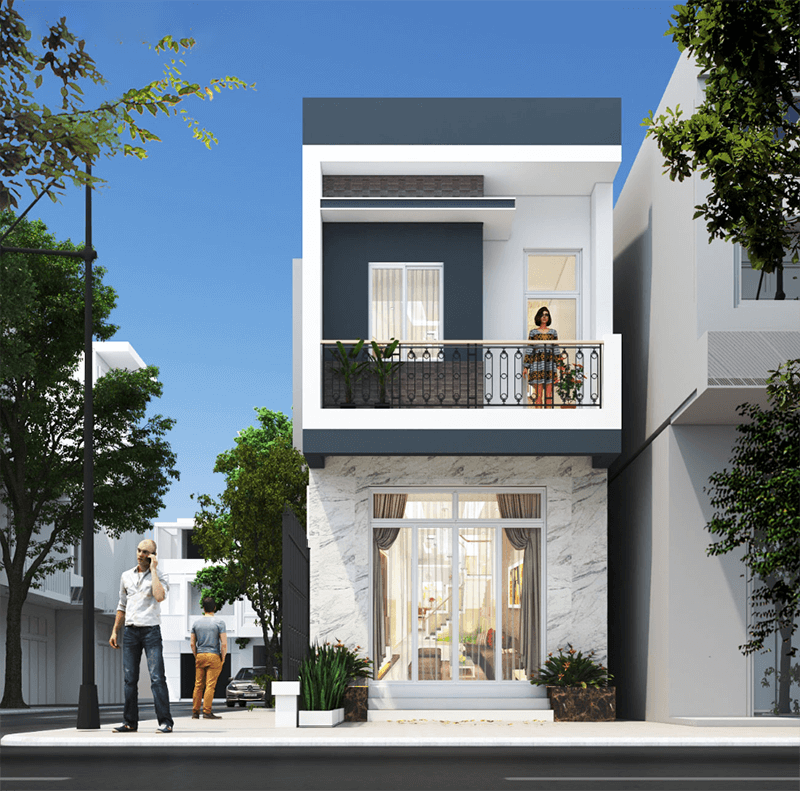 Thiết kế đơn giản nhưng ngôi nhà vẫn nổi bật với cửa cách điệu và vườn hoa trên ban công tầng 2. Ảnh: Soulconcept