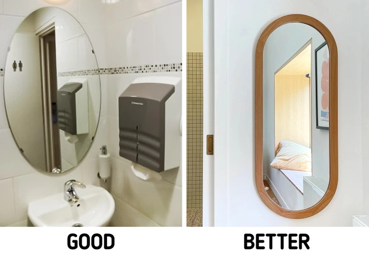 Một chiếc gương bình thường có thể biến thành một phụ kiện thời trang cho bất kỳ phòng nào. Gia chủ có thể tùy chọn khung để chúng phù hợp hoàn hảo với căn phòng.