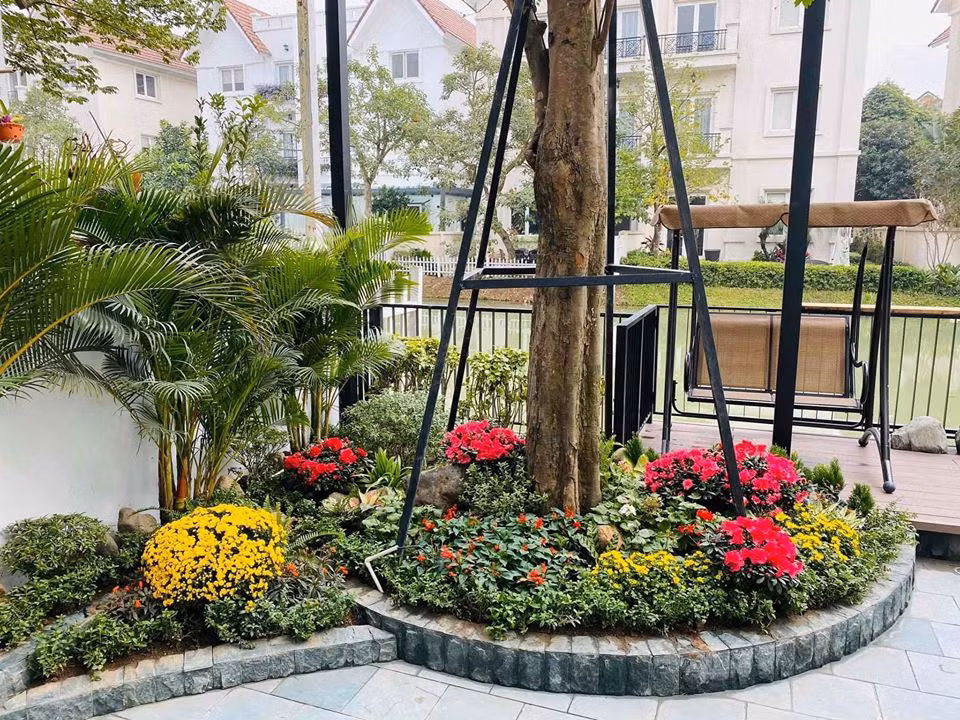 Trong sân, bà mẹ 6 con trồng nhiều cây và hoa tươi.