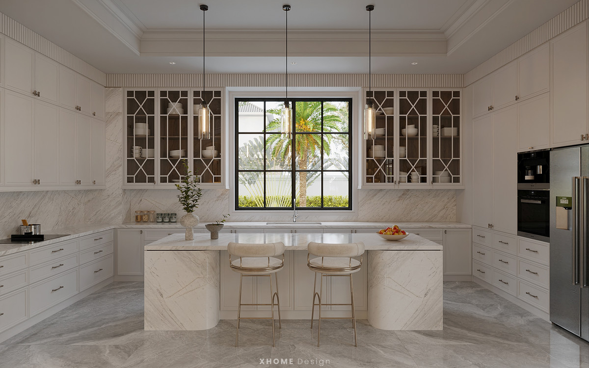 Phòng bếp rộng rãi, hiện đại với gam màu trắng chủ đạo.