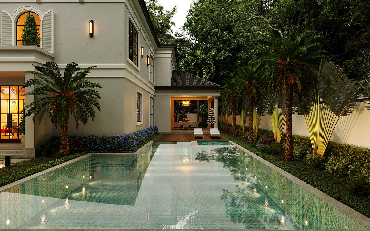 Cạnh khu vườn là hồ bơi rộng rãi.