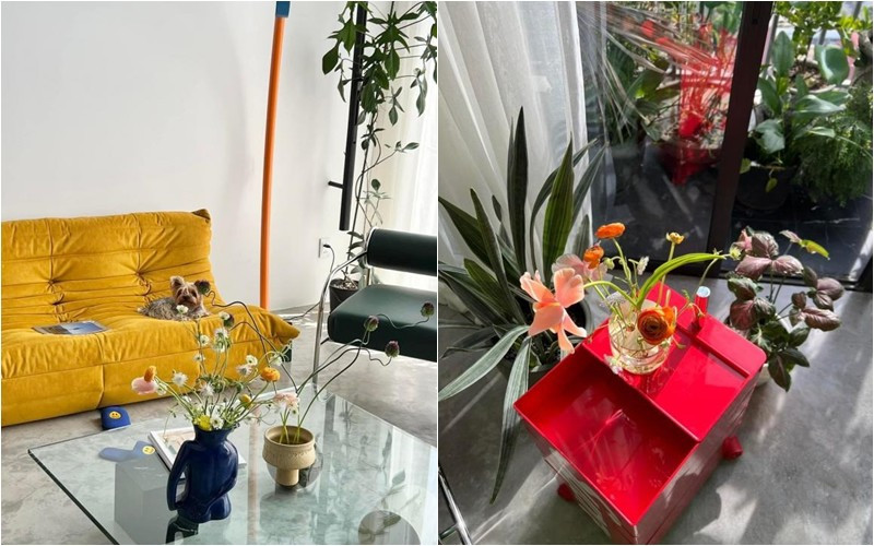 Những bình hoa tươi xinh xắn giúp tô điểm thêm cho không gian sống của nữ người mẫu. Ảnh: FBNV