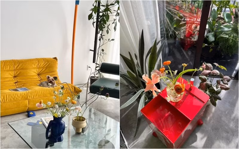 Những bình hoa tươi xinh xắn giúp tô điểm thêm cho không gian sống của nữ người mẫu. Ảnh: FBNV