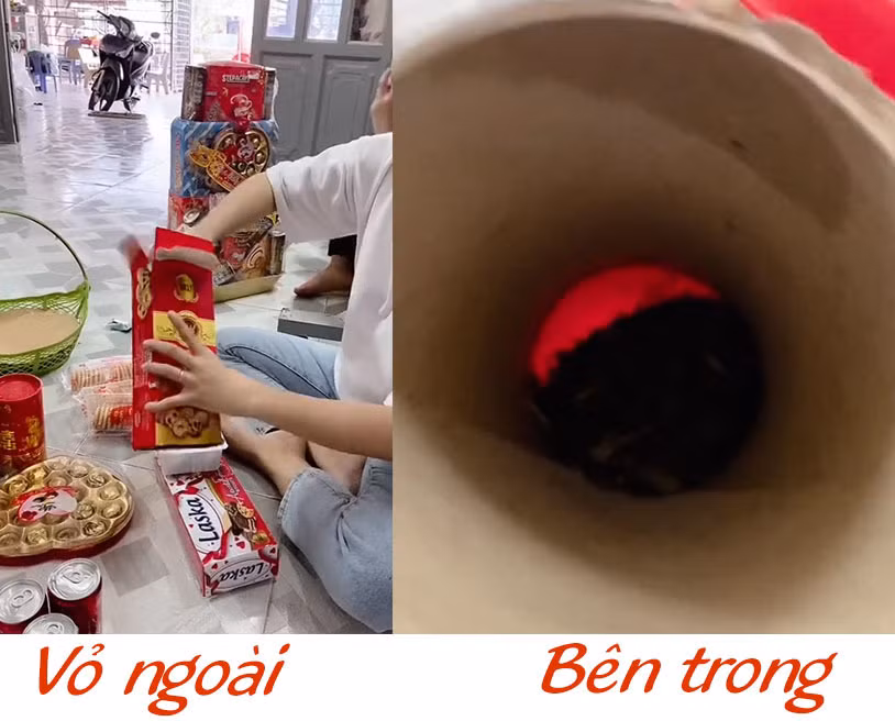 Chưa hết, hộp trà bóc ra cũng trống không, không có gì bên trong. Ảnh: Chụp màn hình TikTok K.A