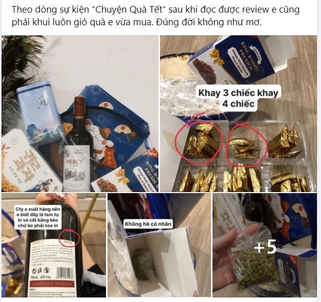 Một tài khoản Facebook khác cho biết hộp quà Tết khi mới về tay nhìn rất sang, toàn bánh kẹo ngoại nhưng lượng bánh trong hộp không hề đồng đều, gói nho khô được đóng gói với lớp nilon mỏng tang, nhăn nhúm. Ảnh chụp màn hình