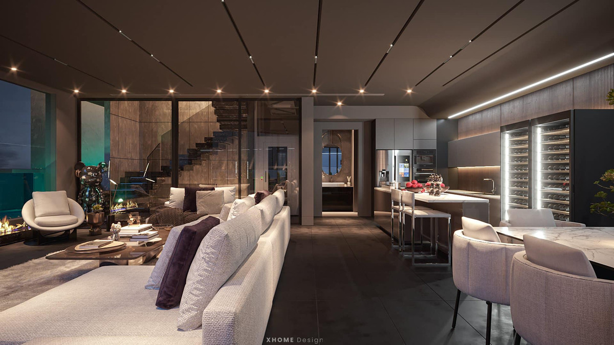 Phòng khách liền kề với bếp và phòng ăn tạo tạo không gian ấm cúng.