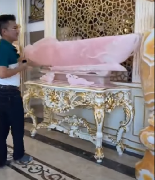 Trong phòng khách còn nổi bật với bức tượng cá huyết long làm từ đá hồng ngọc vô cùng sang trọng.