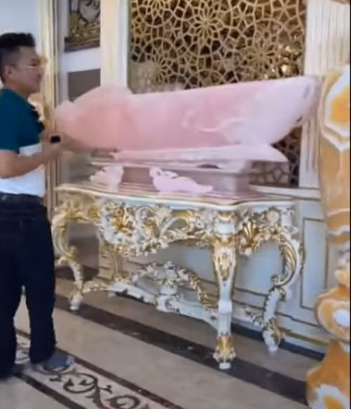 Trong phòng khách còn nổi bật với bức tượng cá huyết long làm từ đá hồng ngọc vô cùng sang trọng.