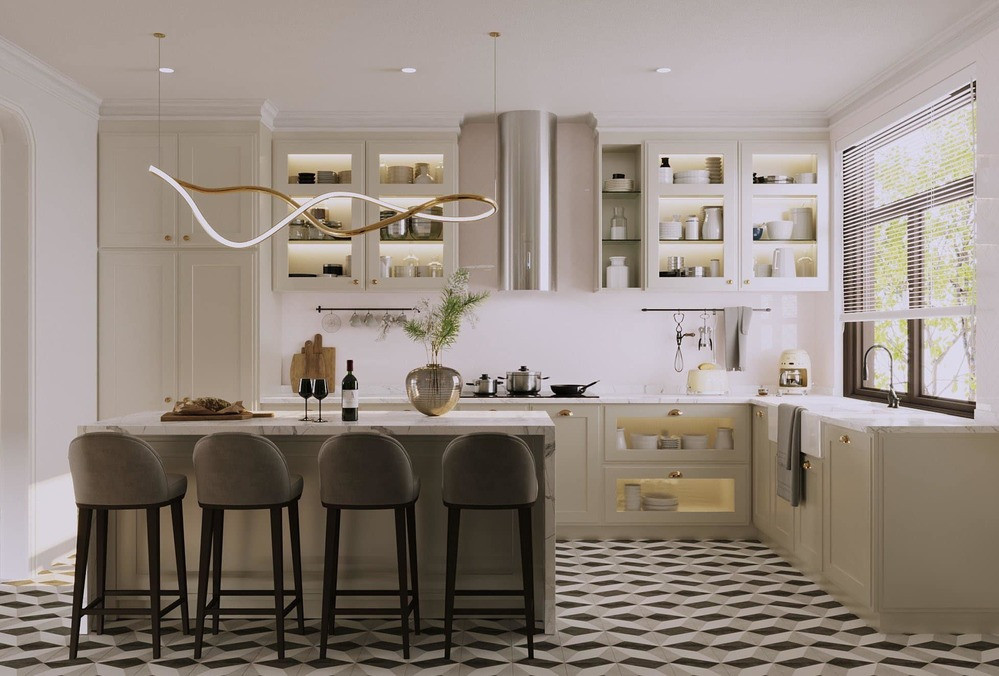 Khu vực bếp rộng rãi, thiết kế theo phong cách hiện đại.