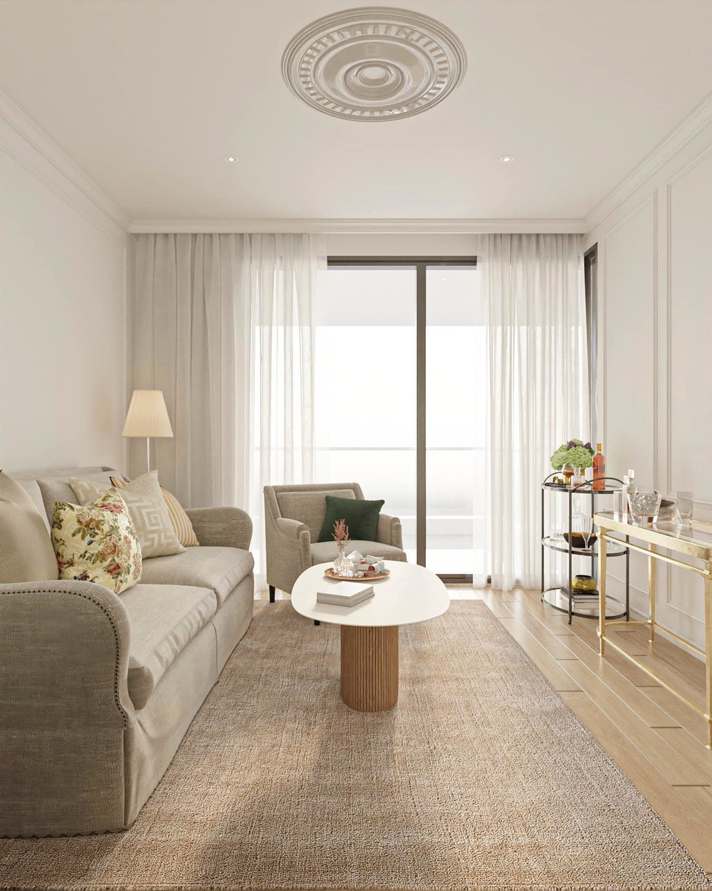 Không gian sinh hoạt chung trên tầng lầu đơn giản với gam màu trắng chủ đạo.