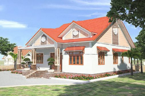 Nhà vườn cấp 4 sử dụng mái thái có độ dốc thoải cao cùng với màu mái ngói đỏ mang đến hiệu ứng thẩm mỹ cao. Ảnh: Wedo