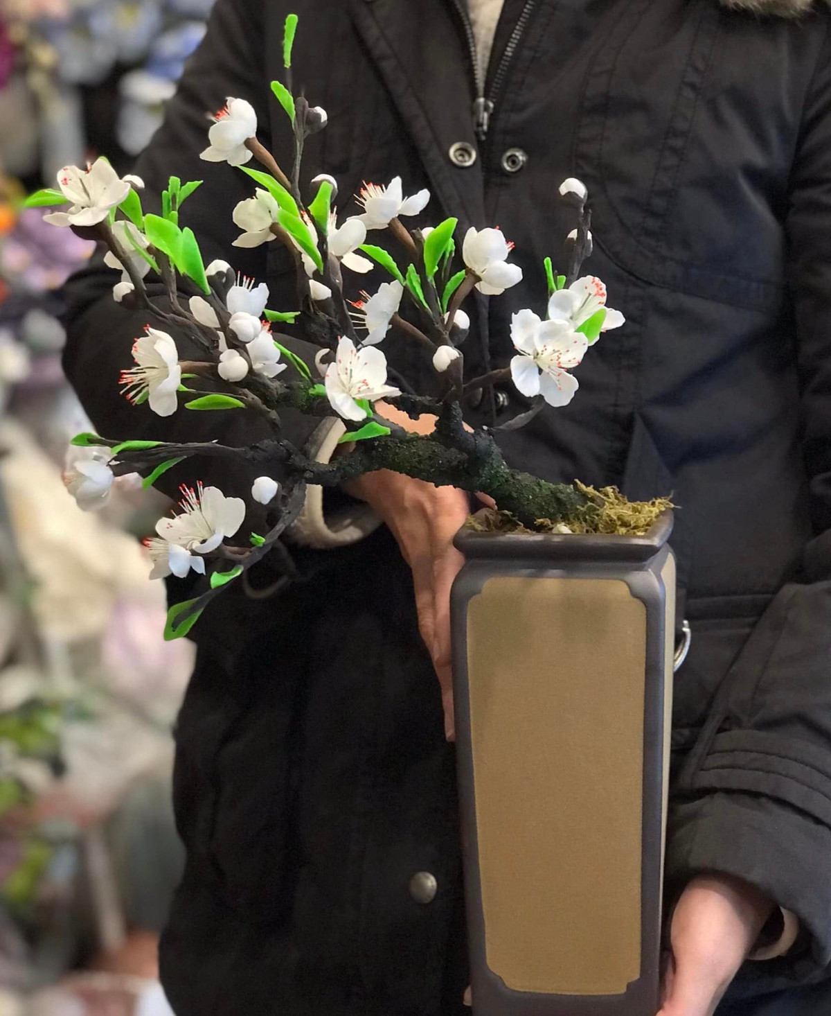 Nhìn bên ngoài không ai nghĩ chậu mai trắng này lại được làm từ đất sét. Ảnh: Facebook