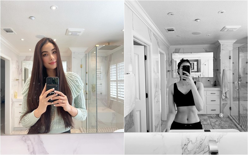 Phòng tắm sang trọng cũng là không gian Phạm Hương selfie khoe nhan sắc của mình.