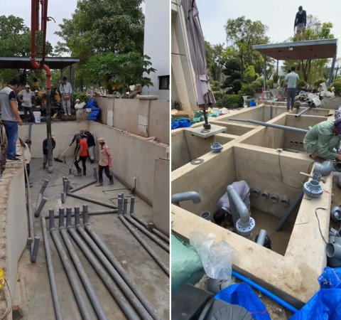 Mới đây, dân tình trên TikTok không khỏi trầm trồ trước hình ảnh một đại gia thuê hẳn đội thi công gồm thợ xây dựng và chuyên gia có hiểu biết xây bể cá Koi. Ảnh: TikTok Dũng Landscape Designer