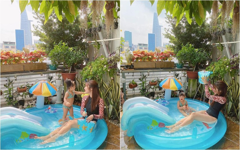 Người đẹp còn biến sân thượng thành công viên nước thu nhỏ để con gái vui chơi tại nhà. Ảnh: FBNV