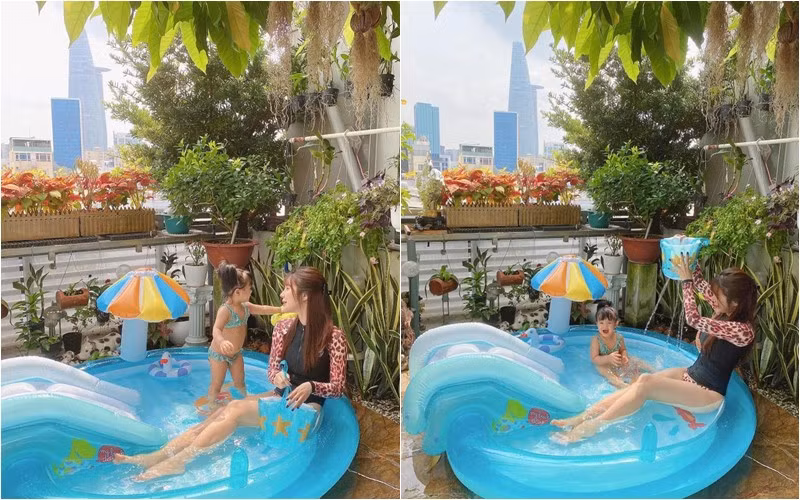 Người đẹp còn biến sân thượng thành công viên nước thu nhỏ để con gái vui chơi tại nhà. Ảnh: FBNV