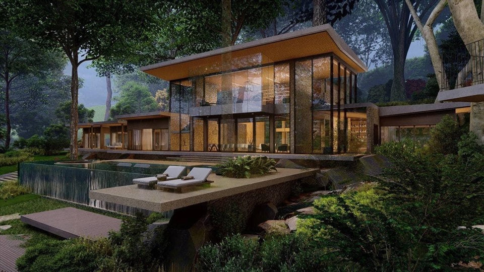 Các căn villa sử dụng tông nâu gỗ, kết hợp với các mặt tường kính, vừa sang trọng, vừa tạo cảm giác rộng rãi.