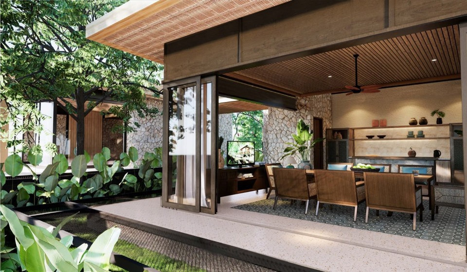 Bên trong khuôn viên resort có nhiều nhà hàng, quán cafe sát biển với thiết kế đẹp, gần gũi thiên nhiên.