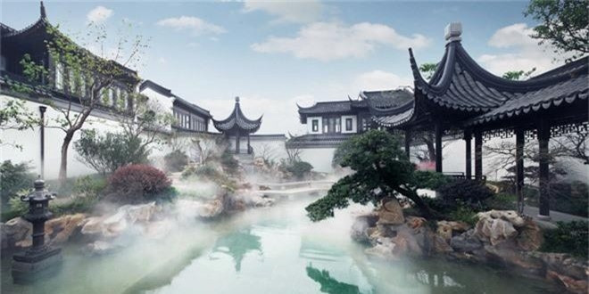 Những mái nhà "bị lật" cong vút đậm chất kiến trúc Tô Châu, đi kèm là những cột chống bằng gỗ nguyên bản có kích thước lớn và dài. Ảnh: SCMP