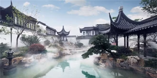 Những mái nhà "bị lật" cong vút đậm chất kiến trúc Tô Châu, đi kèm là những cột chống bằng gỗ nguyên bản có kích thước lớn và dài. Ảnh: SCMP