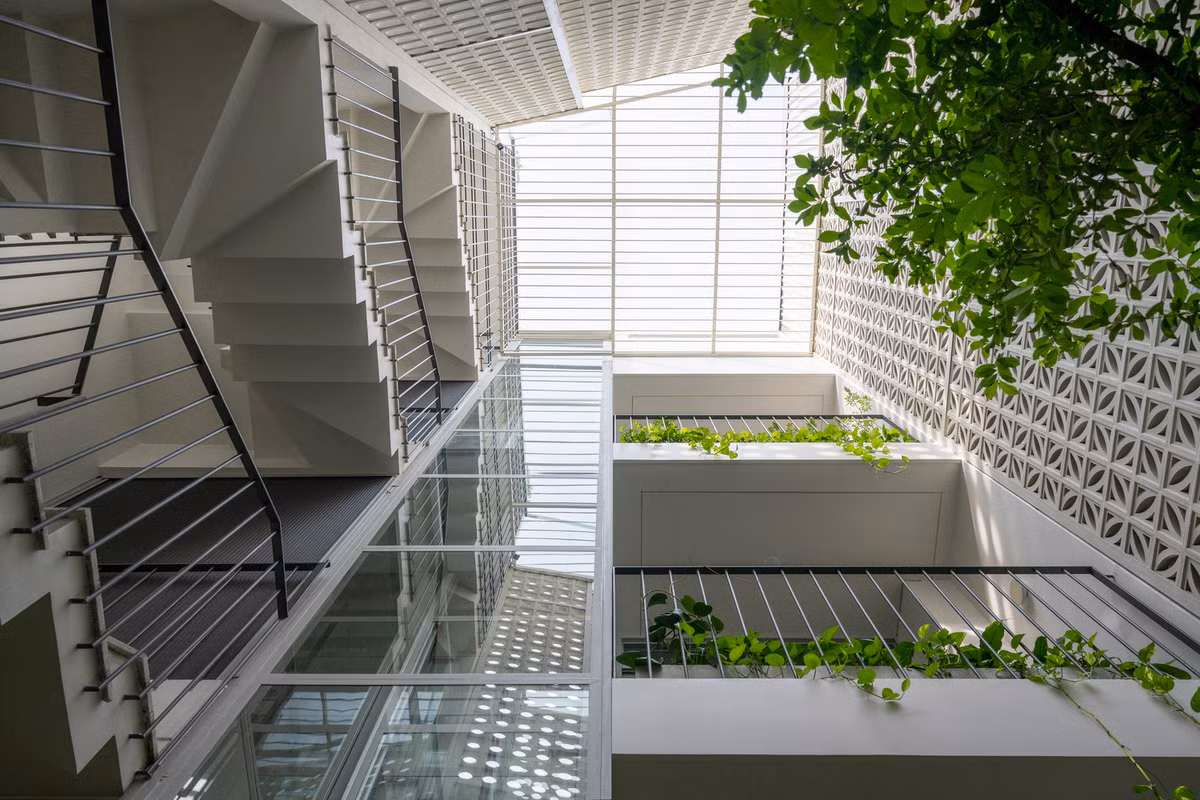 Thang máy thủy lực vách kính được sắp xếp bên cạnh khu vườn và giếng trời.