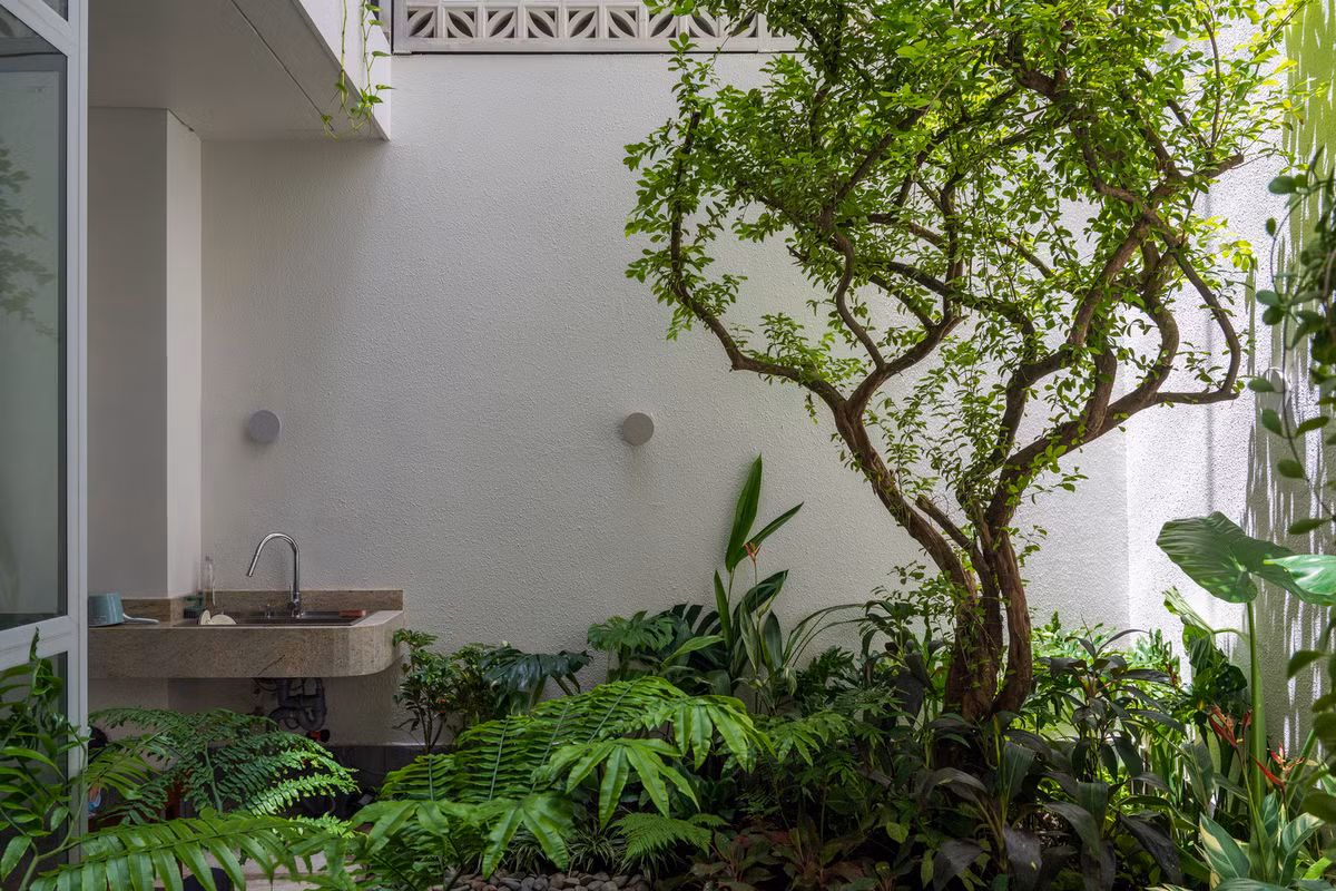 Với công trình nhà phố này, kiến trúc sư tận dụng hai giải pháp. Thứ nhất là tối ưu hoá bố trí không gian bên trong một hình khối kiến trúc thích ứng với đặc điểm khu đất và yêu cầu sử dụng.