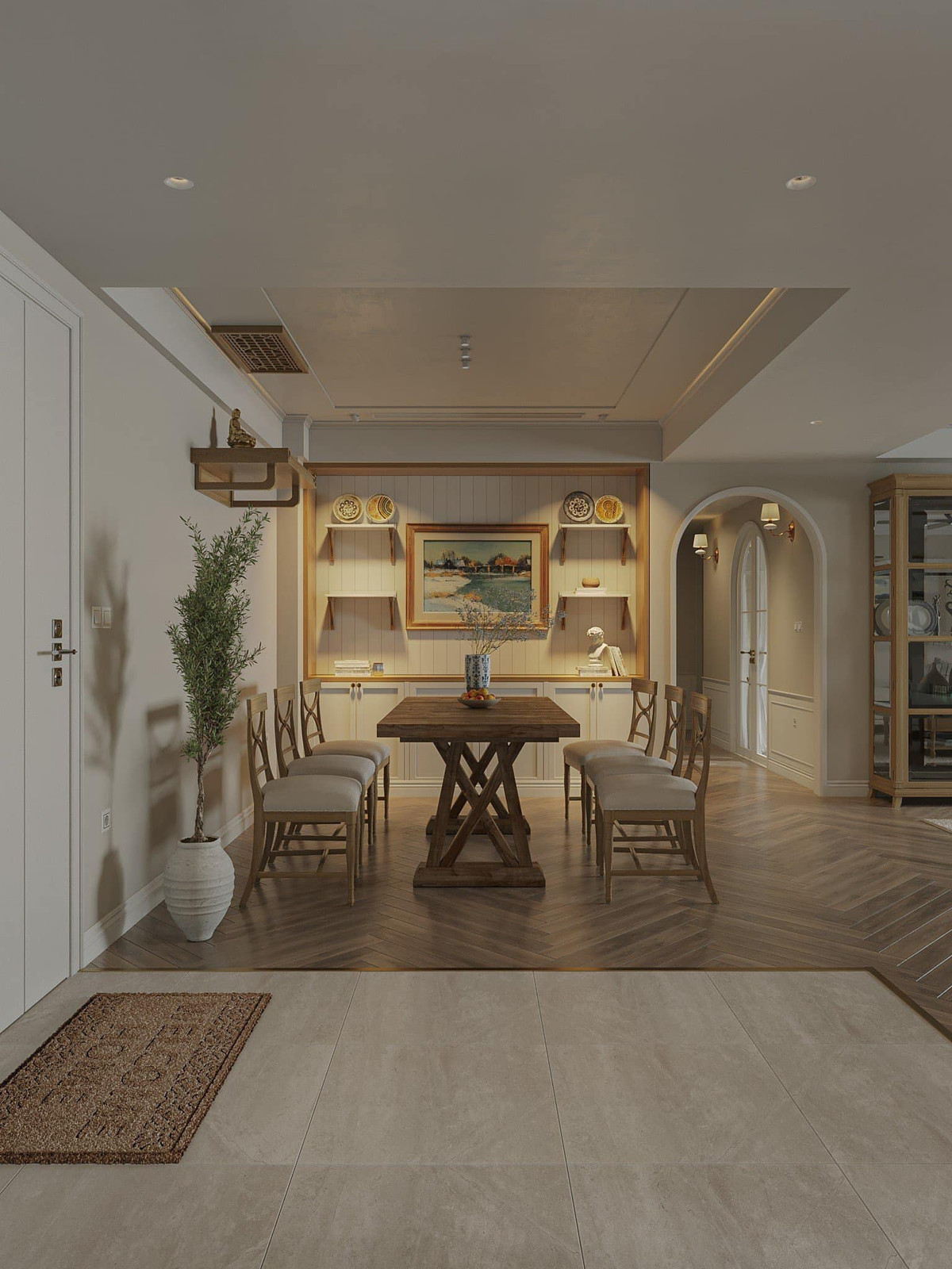 Khu vực bàn ăn và phòng khách gần nhau.