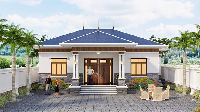 Nhà 1 tầng mái Nhật mặt tiền 12m là sự giao thoa giữa con người và thiên nhiên. Ngoại thất sang trọng với những khối hình thanh thoát. Ảnh: Nhadepktv