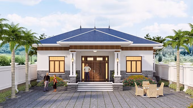 Nhà 1 tầng mái Nhật mặt tiền 12m là sự giao thoa giữa con người và thiên nhiên. Ngoại thất sang trọng với những khối hình thanh thoát. Ảnh: Nhadepktv