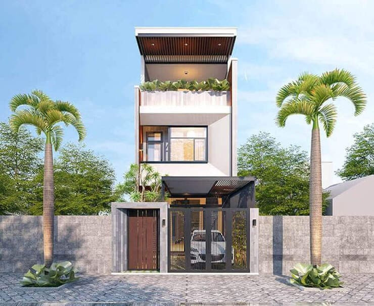 Nhà phố 2 tầng 1 tum được thiết kế khéo léo với tường sơn giả gỗ kết hợp không gian xanh và tiểu cảnh. Ảnh: Xaydungcuonggiahieu