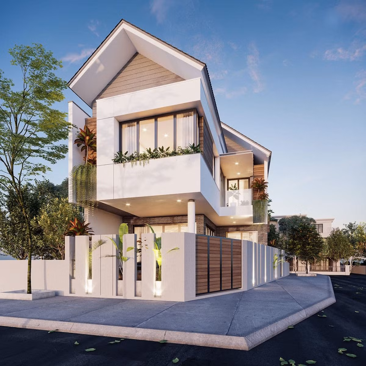 Với lợi thế hai mặt tiền, gia chủ có thể chọn nhiều phong cách thiết kế nhà phố khác nhau như mái thái, mái bằng để tối ưu không gian đồng thời không phá vỡ vẻ đẹp sang trọng của ngôi nhà. Ảnh: Noithattugia
