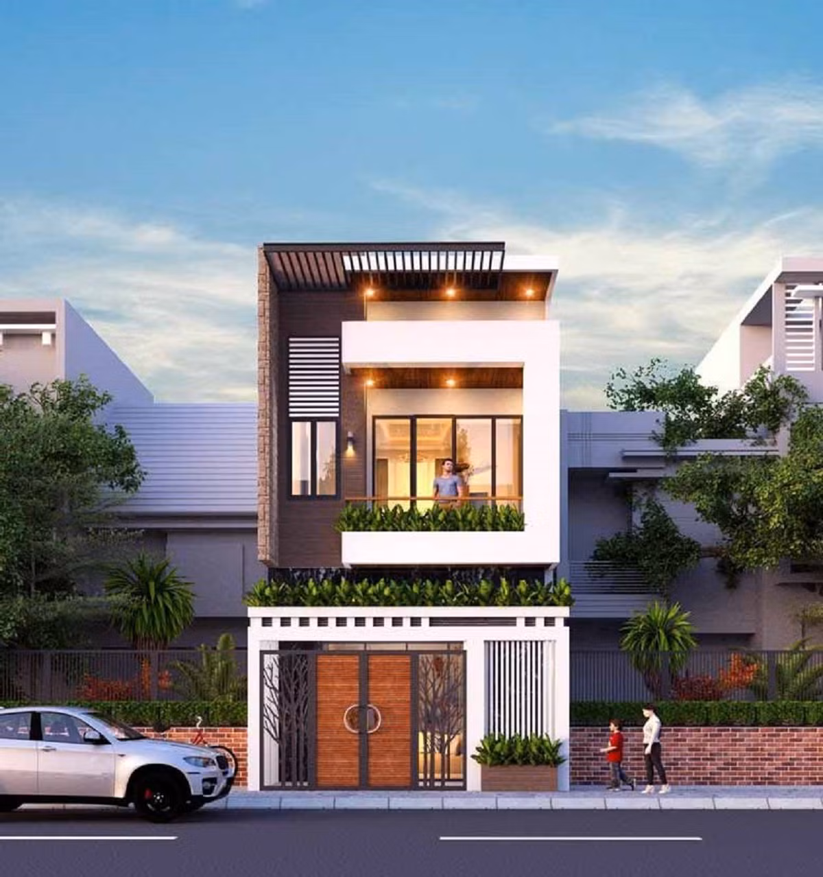 Nhà phố mái bằng có điểm nhấn chính là các khối hình hộp. Mặt tiền căn nhà thông thoáng giúp đón gió tốt và che nắng hiệu quả. Kết cấu độc đáo này giúp việc bố trí công năng bên trong khoa học hơn. Ảnh: Noithattugia
