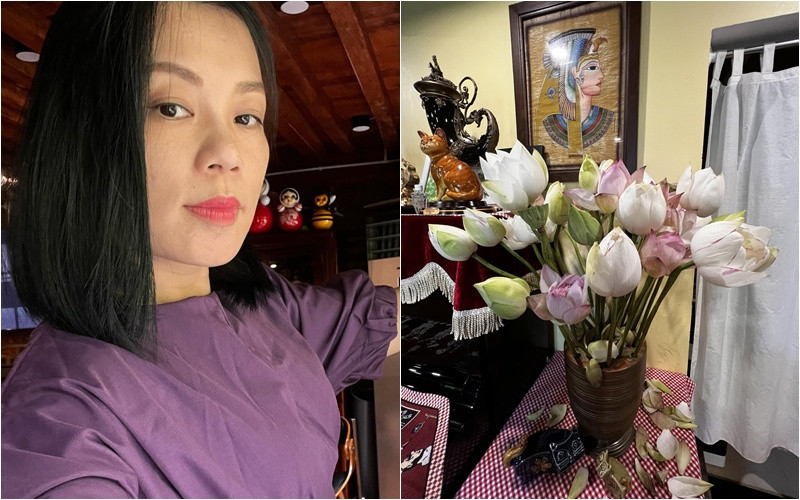 Trước đó, vợ Xuân Bắc khoe một bình sen đan xen màu trắng và phớt hồng trông rất thanh khiết. Ảnh: FBNV