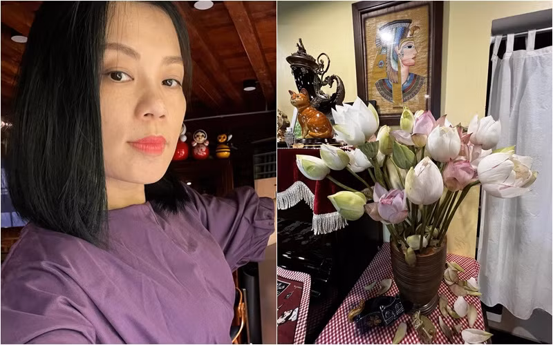 Trước đó, vợ Xuân Bắc khoe một bình sen đan xen màu trắng và phớt hồng trông rất thanh khiết. Ảnh: FBNV