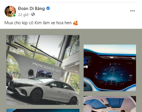Mới đây, trước thềm đám cưới của Thiên Kim, Đoàn Di Băng đăng tải hình ảnh đi mua một chiếc xe Mercedes, giá hơn 6 tỷ đồng kèm lời nhắn: "Mua cho kịp cô Kim làm xe hoa hen". Ảnh chụp màn hình