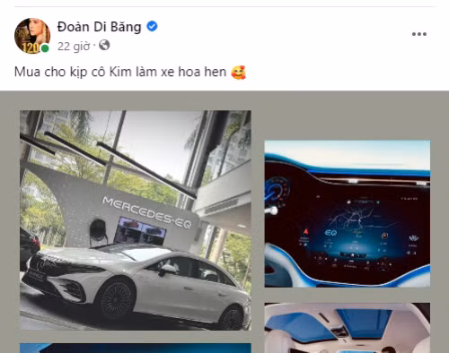 Mới đây, trước thềm đám cưới của Thiên Kim, Đoàn Di Băng đăng tải hình ảnh đi mua một chiếc xe Mercedes, giá hơn 6 tỷ đồng kèm lời nhắn: "Mua cho kịp cô Kim làm xe hoa hen". Ảnh chụp màn hình