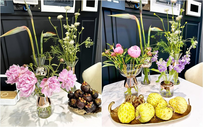 Bàn ăn nhà Pha Lê lúc nào cũng có hoa tươi, thậm chí 2-3 lọ hoa khác nhau. Ảnh: FBNV